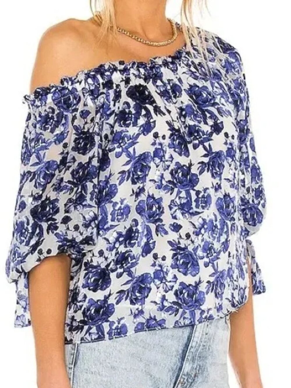 Alice + Olivia Blue/White Alta Peasant Top (Size S)